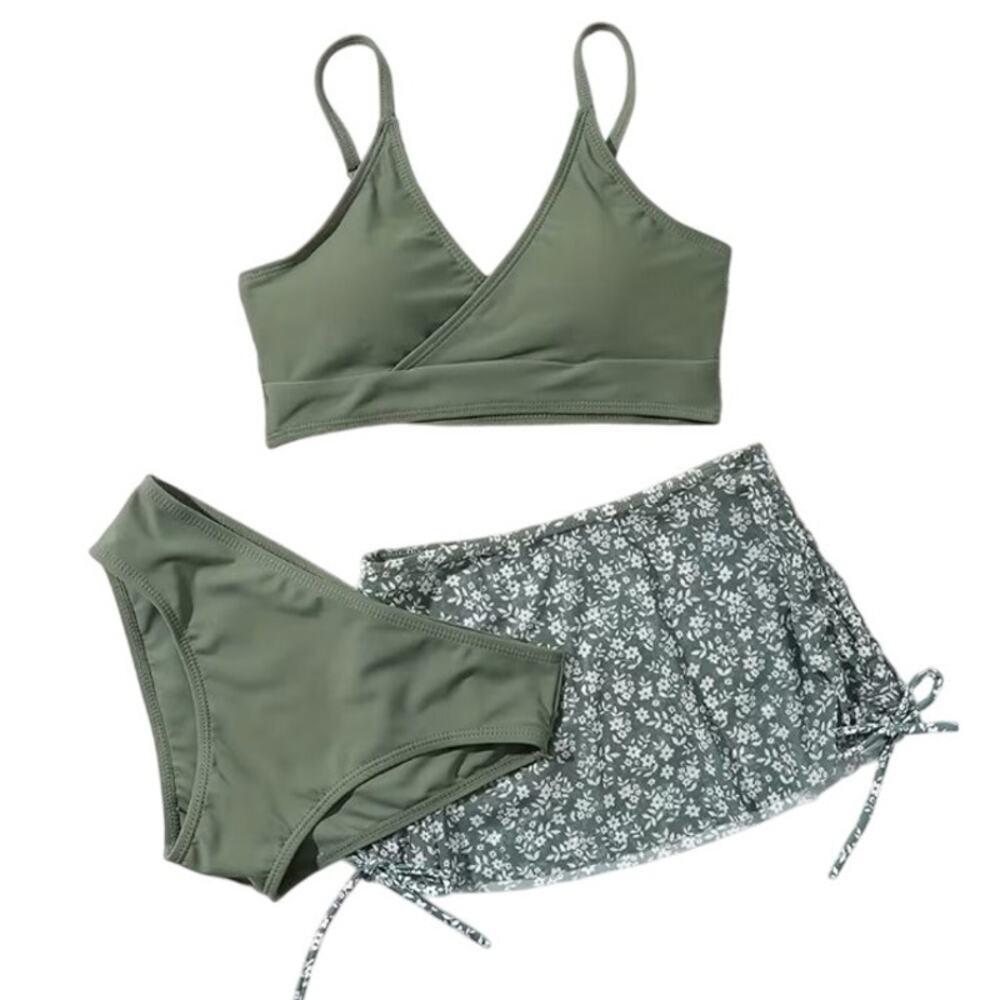 Girls' Size 13-14 Yr Bathing Suit 3 Piece Swim Set Bikini & Sheer Skirt Green